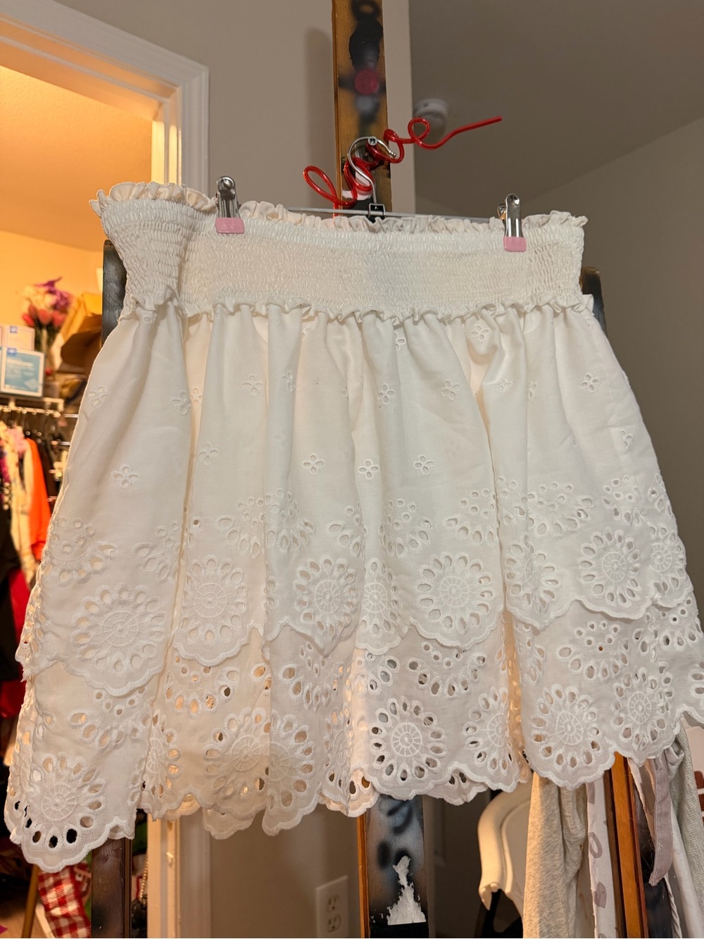SHEIN Cream Eyelet Smocked Circle Skirt